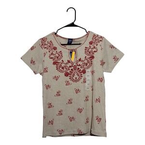 High Sierra Bohemian Floral Keyhole Neck Top Beige Red 100% Cotton Size M NWT